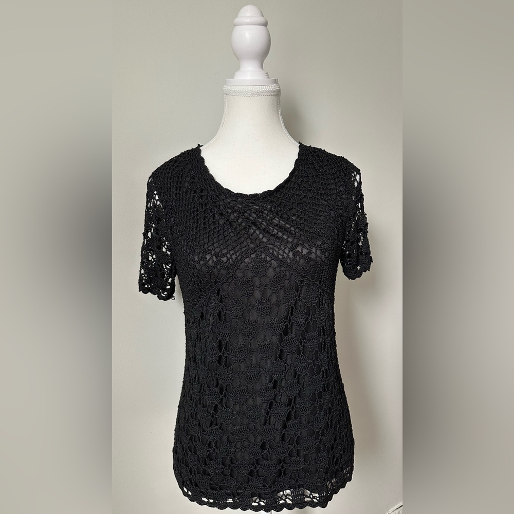 LA MADONA Black Y2K Lace Beaded Lined Whimsigoth Boho Short‎ Sleeve Size L